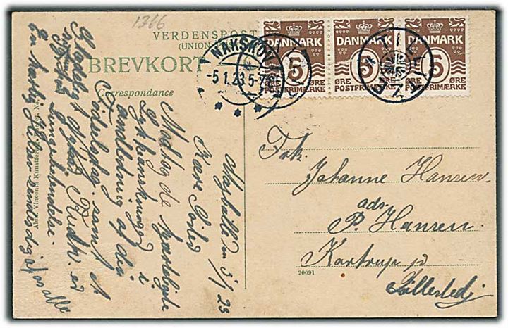 5 øre Bølgelinie (3) med rifter på brevkort annulleret med stjernestempel TILLITZE og sidestemplet Nakskov d. 5.1.1923 til Søllested.