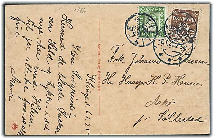 5 øre Bølgelinie og 10 øre Chr. IV Postjubilæum på brevkort annulleret med stjernestempel TILLITZE og sidestemplet Nakskov d. 6.1.1925 til Askø pr. Søllested.