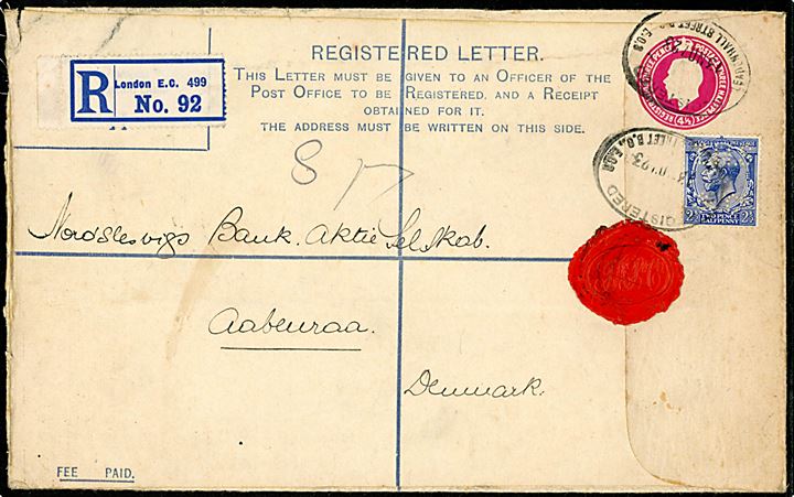 4½d George V anbefalet helsagskuvert opfrankeret med 2½d George V med perfin I.H.S. & Co. (= Firma J. Henry Schröder & Co.) fra London d. 13.11.1923 til Aabenraa, Danmark.