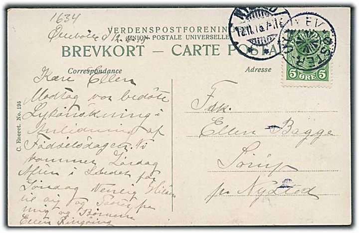 5 øre Chr. X på brevkort annulleret med stjernestempel ØSTER-ULSLEV og sidestemplet Nysted d. 12.11.1915 til Sørup pr. Nysted.