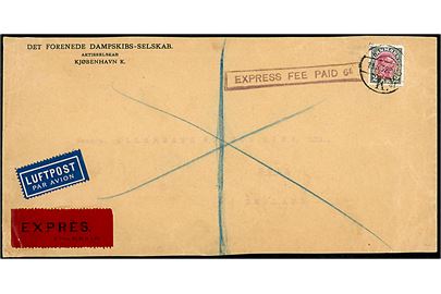 2 kr. Chr. X med perfin Malterserkors på aflang firmakuvert fra Det forenede Dampskibsselskab sendt som 5. vægtkl. (100-120 gram) luftpost ekspres fra København d. 11.8.1932 til Hull, England. Britisk stempel Express fee paid 6d.
