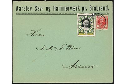 10 øre Fr. VIII og Julemærke 1909 på firmakuvert fra Aarslev Sav- og Hammerværk annulleret i Brabrand d. ?.12.1909 til Assens.