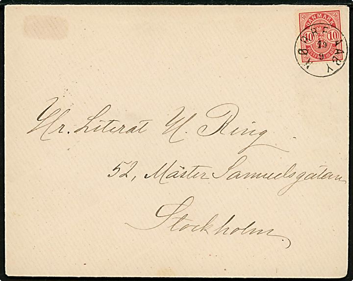 10 øre Våben på brev annulleret lapidar Nørre Aaby d. 19.9.1886 via Kjøbenhavn til Stockholm, Sverige.