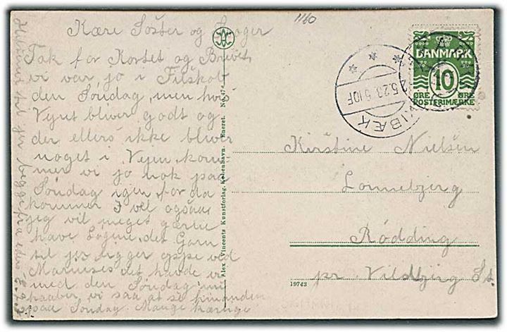 10 øre Bølgelinie på brevkort annulleret med stjernestempel SKARRILD og sidestemplet Kibæk d. 2.5.1928 til Rødding.