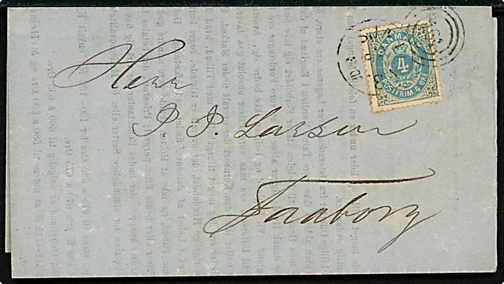 4 øre Tofarvet på tryksag fra København annulleret med kombineret nr.stempel 181/Sjæll.P.B. d. 26.9.1884 til Faaborg.
