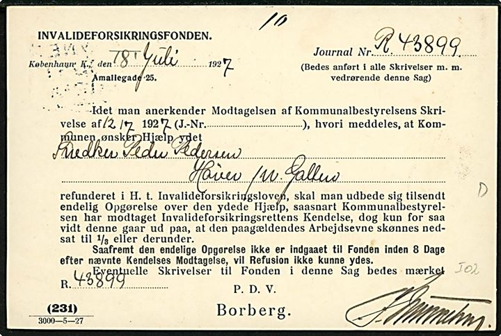 10 øre Bølgelinie med perfin (krone) If. fra Invalideforsikringsfonden i København d. 18.7.1927 til Galten.