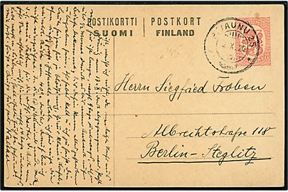 20 pen. Løve helsagsbrevkort fra Uleåborg annulleret med bureaustempel P. Vaunu 25 d. 29.10.1920 til Berlin, Tyskland.