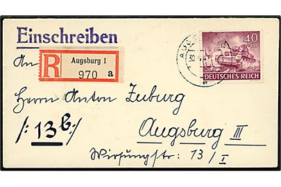 40+40 pfg. Velgørenhed single på anbefalet lokalbrev i Augsburg d. 30.6.1944. Overfrankeret.