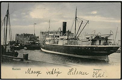 Malmö, havneparti i månelys med britisk dampskib fra Hull. C. Gleerup no. 267. Afrevet frimærke.