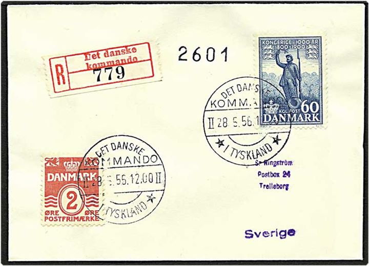 62 øre porto på Rec. brev fra Det Danske Kommando / *i Tyskland* d. 28.5.1956 til Trelleborg, Sverige.