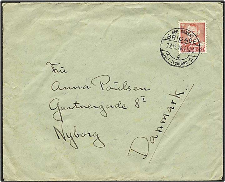 20 øre rød Fr. IX på brev sendt fra Den Danske Brigade / *i Tyskland* no. 4 d. 29.12.1948 til Nyborg.