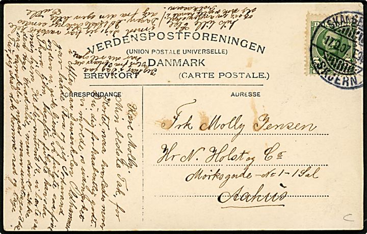 Skanderborg, L. Lund's serveringstelt ved dyreskue (?). Antagelig sendt fra Skanderborg med 5 øre Fr. VIII annulleret med bureaustempel Skanderborg - Skjern T. 9xx d. 17.9.1907 til Aarhus.