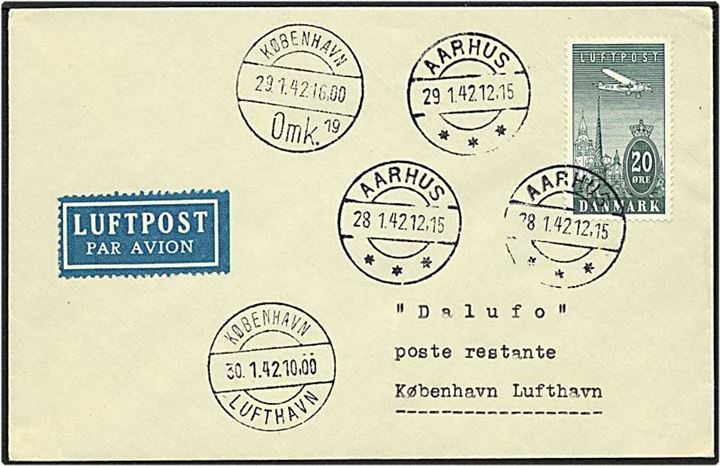 20 øre blågrøn luftpost på luftpost brev fra Aarhus d. 28.1.1942 til København.
