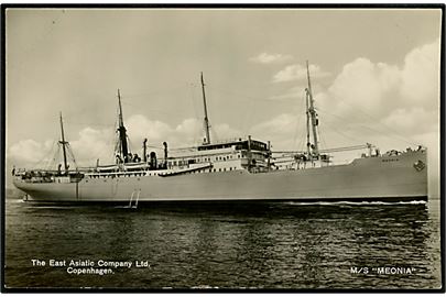 Meonia, M/S, Østasiatisk Kompagni. Reklamekort u/no. Anvendt fra Port Said, Egypten 1939 til Aarhus.