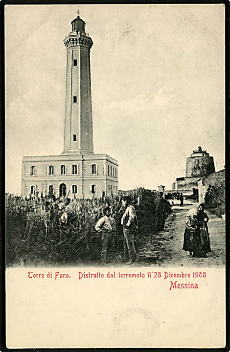 Italien, Messina, Fyrtårnet Torre di Faro som blev ødelagt ved jordskælvet d. 28.12.1908. Brugt i 1921.