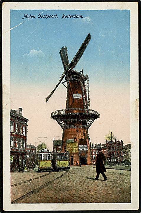 Holland, Mølle og sporvogne smykket med glimmersand. Sendt fra Antwerpen i Belgien 1920 til Marstal Danmark. Glimmersand på brevkort blev forbudt i Danmark i 1907. Hj.knæk.