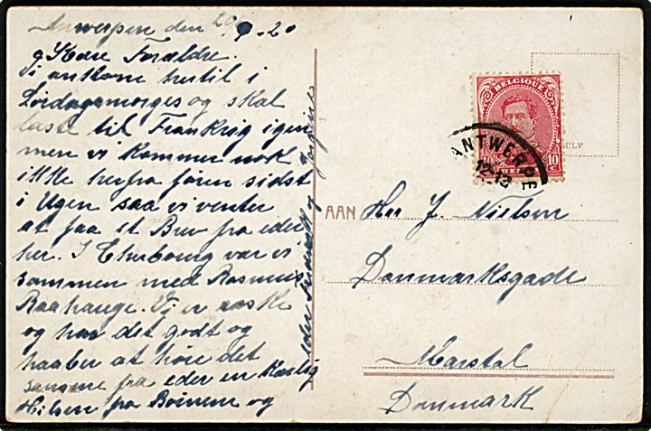 Holland, Mølle og sporvogne smykket med glimmersand. Sendt fra Antwerpen i Belgien 1920 til Marstal Danmark. Glimmersand på brevkort blev forbudt i Danmark i 1907. Hj.knæk.