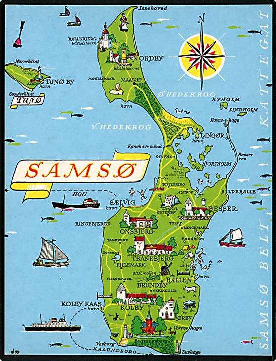 Samsø, landkort med færgeforbindelser og seværdigheder. Fl. Andersen u/no.