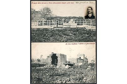 Italien, lava og ødelæggelser efter Vesuv's vulkanudbrud i april 1906. 2 kort sendt til Danmark 1906.