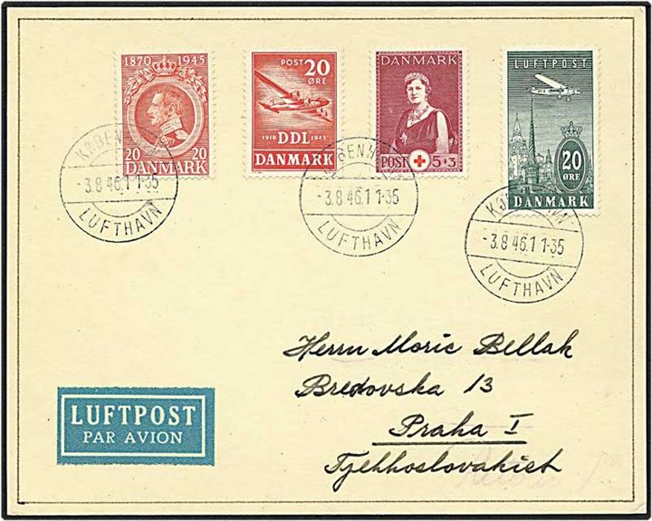 65 øre porto på luftpost brev fra København d. 3.8.1946 til Prag, Tjekkoslovakiet.
