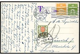 5 øre og 10 øre Bølgelinie på underfrankeret brevkort fra København d. 28.2.1935 til Zürich, Schweiz. Violet portostempel T (8 1/3) cts. og påsat 10 c. portomærke stemplet i Zürich d. 2.3.1935.
