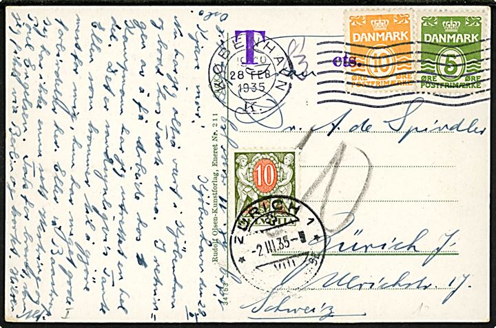 5 øre og 10 øre Bølgelinie på underfrankeret brevkort fra København d. 28.2.1935 til Zürich, Schweiz. Violet portostempel T (8 1/3) cts. og påsat 10 c. portomærke stemplet i Zürich d. 2.3.1935.