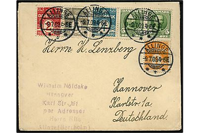 1 øre, 2 øre, 3 øre 4 øre Bølgelinie og 5 øre Fr. VIII i parstykke på 4-farve frankeret brev annulleret med brotype Ia Allinge d. 9.7.1909 til Hannover, Tyskland. 