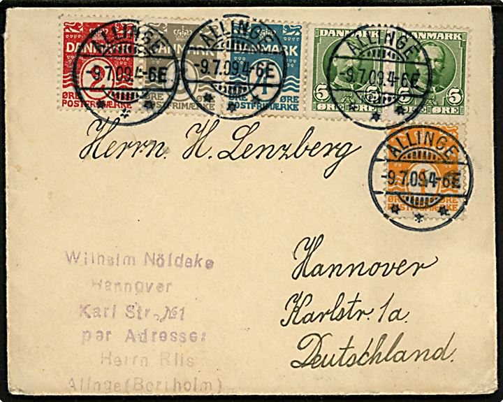 1 øre, 2 øre, 3 øre 4 øre Bølgelinie og 5 øre Fr. VIII i parstykke på 4-farve frankeret brev annulleret med brotype Ia Allinge d. 9.7.1909 til Hannover, Tyskland. 