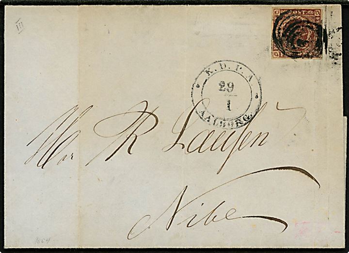 4 R.B.S. Thiele II på brev annulleret med nr.stempel 4 og sidestemplet antiqua K.D.P.A. Aalborg d. 29.1.1854 til Nibe. 