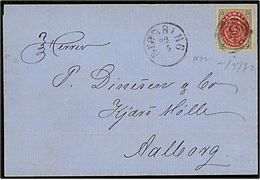 4 sk. Tofarvet på brev annulleret med nr.stempel 26 og sidestemplet lapidar Hjørring d. 22.5.1872 til Aalborg.