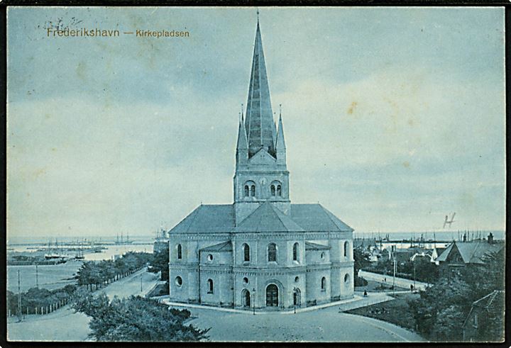 5 øre Chr. X på brevkort (Frederikshavn kirke) dateret i Kristiania i Norge og annulleret med norsk stempel Bureau reexp. de Kristiania U d. 11.4.1916 til Vittrup, Danmark.