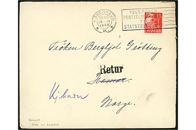 15 øre Karavel på brev fra København d. 10.4.1930 til Hamar, Norge. Returneret med 2-sproget stempel Død / Décédé. 