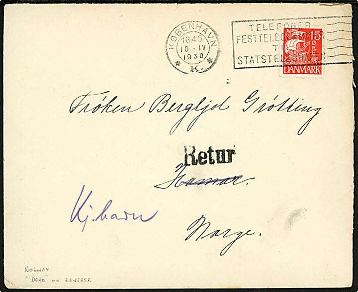 15 øre Karavel på brev fra København d. 10.4.1930 til Hamar, Norge. Returneret med 2-sproget stempel Død / Décédé. 