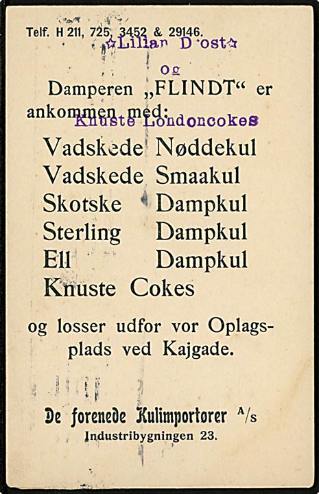 4 øre Bølgelinie på tryksagskort fra De Forenede Kulimportører A/S i Kjøbenhavn d. 29.1.1909 til Hillerød. Ank.stemplet brotype Ia Hillerød * d. 29.1.1909. Meddelelse vedr. kuldamperen Flints ankomst.