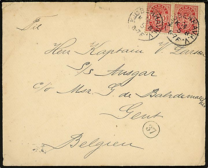 10 øre Våben i parstykke på brev annulleret med lapidar Kjøbenhavn.V. KB d. 14.5.1896 til kaptajn ombord på S/S Ansgar i Gent, Belgien.