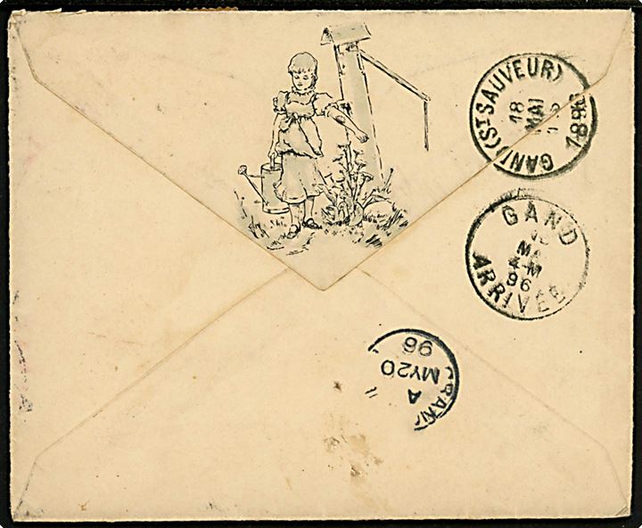 10 øre Våben i parstykke på illustreret kuvert fra Kjøbenhavn d. 16.5.1896 til kaptajn ombord på S/S Ansgar i Gent, Belgien - eftersendt til c/o danske konsulat i Grangemouth, England.