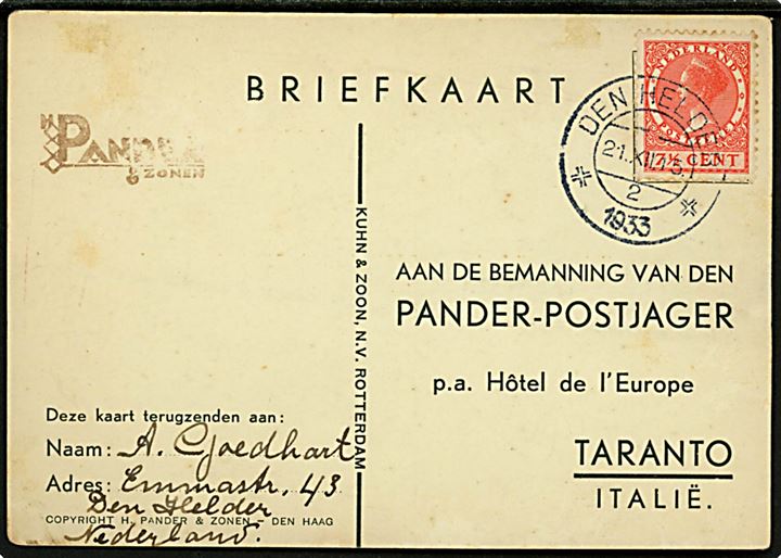 7½ c. Wilhelmina på illustreret sær-postkort fra Den Helder d. 21.12.1933 til den strandede besætning på postflyveren Postjager Pander, som måtte afbryde flyvning i Taranto, Italien pga. motorskade. Signature fra hele besætningen.