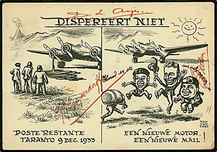 7½ c. Wilhelmina på illustreret sær-postkort fra Den Helder d. 21.12.1933 til den strandede besætning på postflyveren Postjager Pander, som måtte afbryde flyvning i Taranto, Italien pga. motorskade. Signature fra hele besætningen.