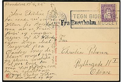 15 øre Chr. IV Postjubilæum på brevkort annulleret København d. 16.6.1925 og sidestemplet Fra Bornholm til Odense. 