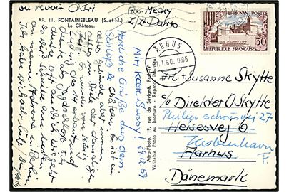 50 c. på brevkort fra Fontainebleau d. 29.12.1959 til Aarhus - eftersendt til København med interessant brotype IId Århus ++ d. 1.1.1960 