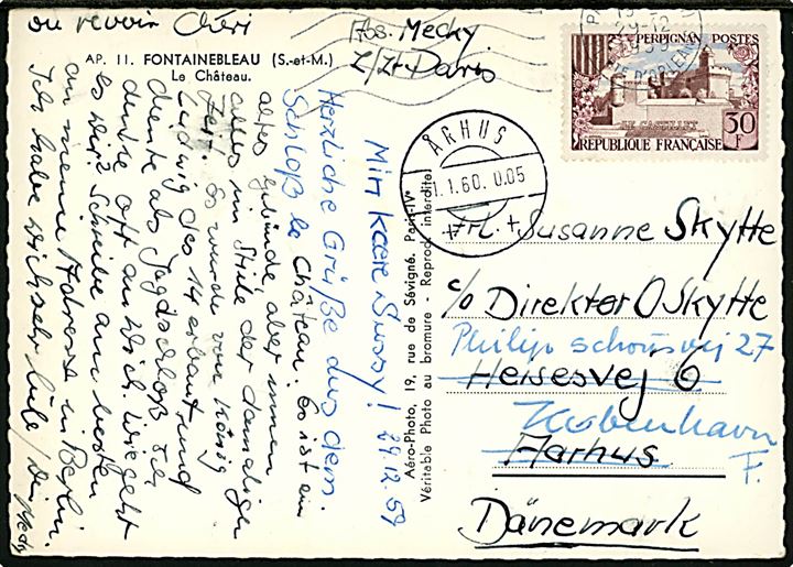 50 c. på brevkort fra Fontainebleau d. 29.12.1959 til Aarhus - eftersendt til København med interessant brotype IId Århus ++ d. 1.1.1960 