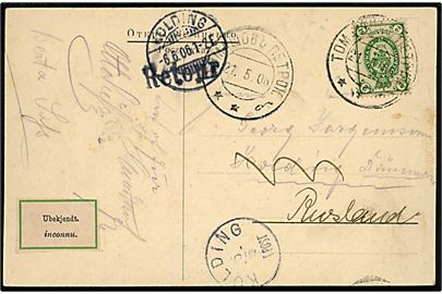 2 kop. Våben på brevkort fra Tomaszow d. 21.5.1906 til Kolding, Danmark. Returneret med 2-sproget returetiket: Ubekjendt. / inconnu. 