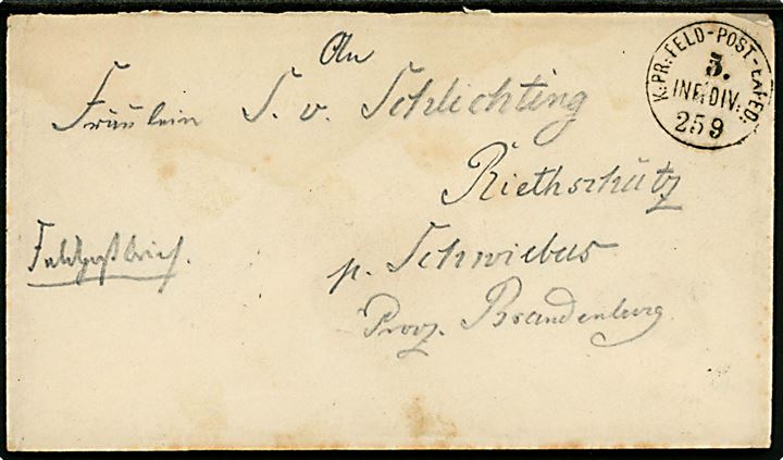 1870. Ufrankeret feltpostbrev fra den tysk-franske krig stemplet K:PR:FELD-POST-EXPED: 5. INF:DIV: d. 25.9.1870 til Brandenburg.