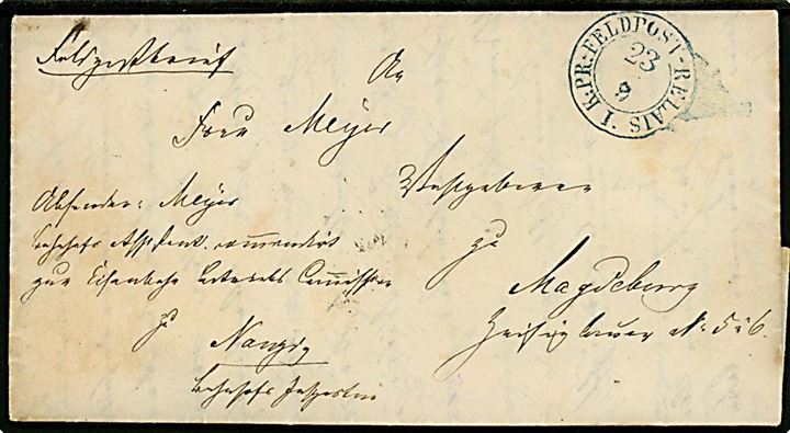 1870. Ufrankeret feltpostbrev med langt indhold med blåt indhold K:PR:FELDPOST-RELAIS I. d. 23.9.1870 til Magdeburg.