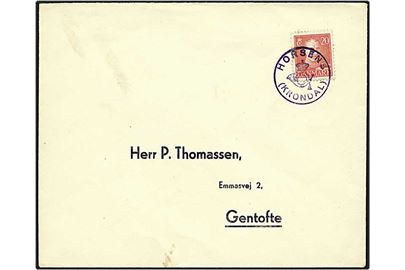20 øre rød Chr. X på brev fra Horsens (Krondal) til Gentofte. Horsens (Krondal) posthornsstempel.