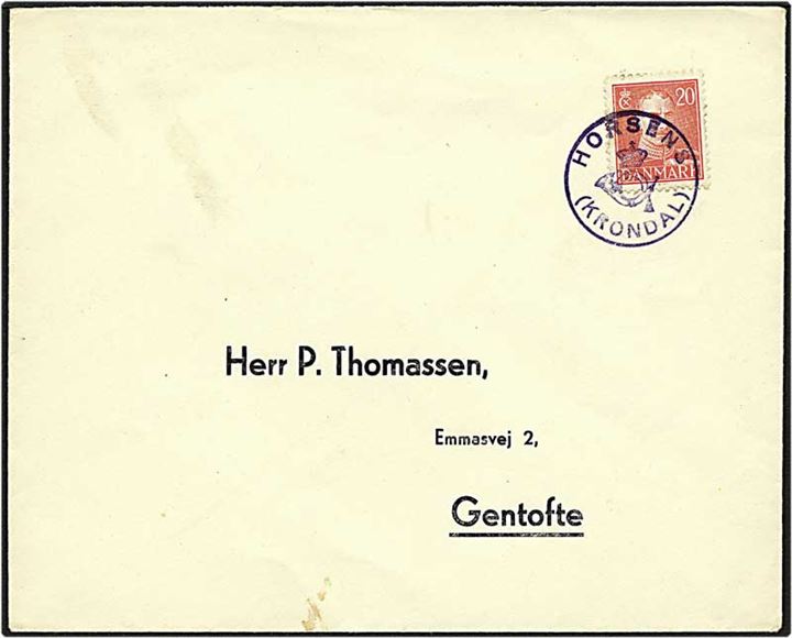 20 øre rød Chr. X på brev fra Horsens (Krondal) til Gentofte. Horsens (Krondal) posthornsstempel.