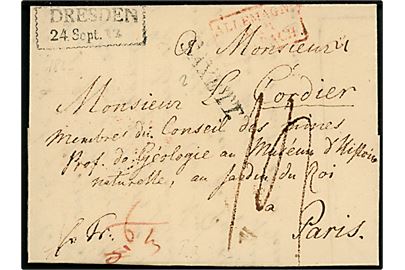 1822. Francobrev med langt indhold fra Dresden d. 24.9.1822 til Professor i geologi Louis Cordier i Paris, Frankrig. Liniestempel SAXE T.T. og mange påtegninger.