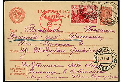 20 kop. helsagsbrevkort opfrankeret med 10 kop. befrielse af Vestukraine fra by i Baranovichi oblast i Hviderusland d. 2.4.1941 via Minsk d. 7.4.1941 til Warszawa i Generalguvernement. Tysk censur fra Berlin.