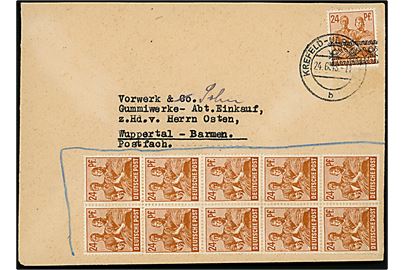 24 pfg. i 10-blok markeret ugyldig på Zehnfach frankeret brev med 24 pfg. overtryk stemplet Krefeld d. 24.6.1948 til Wuppertal-Barmen. 
