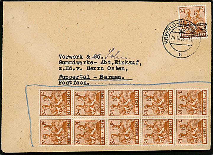24 pfg. i 10-blok markeret ugyldig på Zehnfach frankeret brev med 24 pfg. overtryk stemplet Krefeld d. 24.6.1948 til Wuppertal-Barmen. 